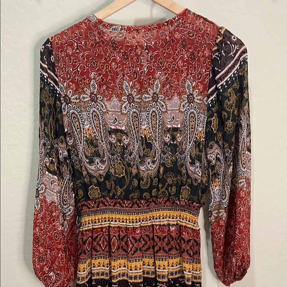 Fig & Flower Anthropologie Dress Sheer Boho Paisley Bishop Maxi Fall Rust Brown - Picture 7 of 16